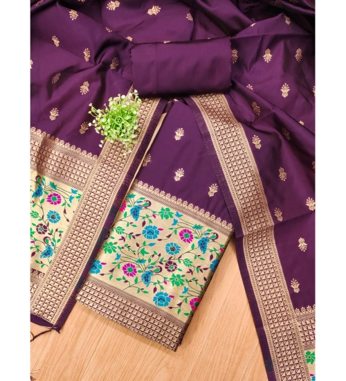 Generic Women's Banarasi Silk Printed Unstitched Salwar Suit Material With Dupatta (Wine, 3Mtrs)