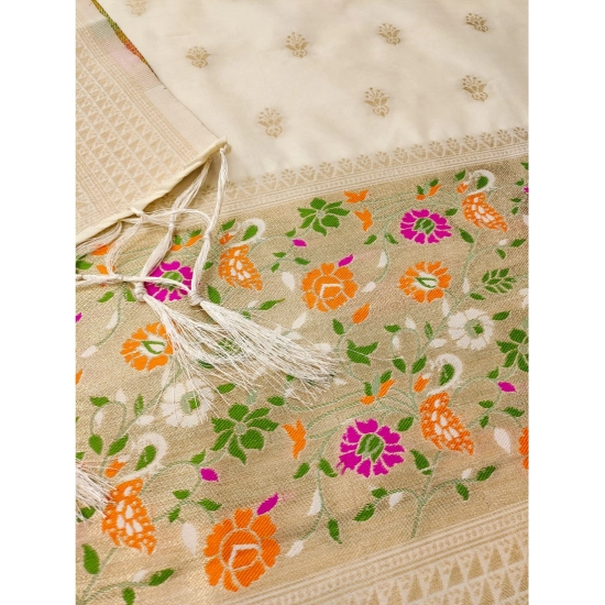 Generic Women's Banarasi Silk Printed Unstitched Salwar Suit Material With Dupatta (White, 3Mtrs)