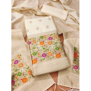 Generic Women's Banarasi Silk Printed Unstitched Salwar Suit Material With Dupatta (White, 3Mtrs)