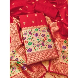 Generic Women's Banarasi Silk Printed Unstitched Salwar Suit Material With Dupatta (Red, 3Mtrs)