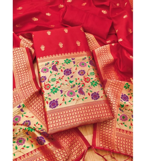 Generic Women's Banarasi Silk Printed Unstitched Salwar Suit Material With Dupatta (Red, 3Mtrs)
