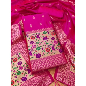 Generic Women's Banarasi Silk Printed Unstitched Salwar Suit Material With Dupatta (Pink, 3Mtrs)