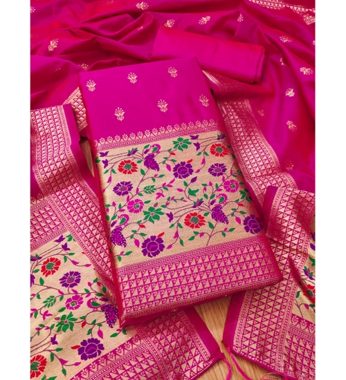 Generic Women's Banarasi Silk Printed Unstitched Salwar Suit Material With Dupatta (Pink, 3Mtrs)