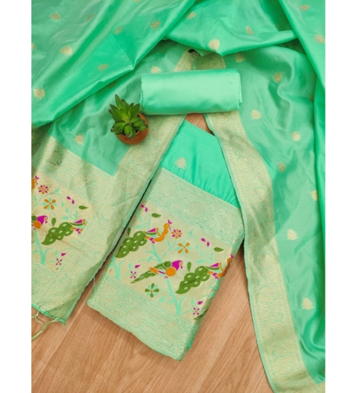 Generic Women's Banarasi Silk Printed Unstitched Salwar Suit Material With Dupatta (Sea Green, 3Mtrs)