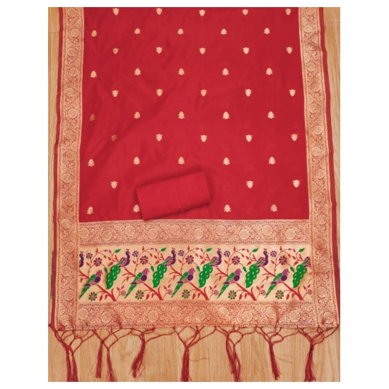 Generic Women's Banarasi Silk Printed Unstitched Salwar Suit Material With Dupatta (Red, 3Mtrs) Generic Women's Banarasi Silk Printed Unstitched Salwar Suit Material With Dupatta (Red, 3Mtrs)