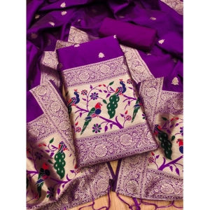 Generic Women's Banarasi Silk Printed Unstitched Salwar Suit Material With Dupatta (Purple, 3Mtrs)