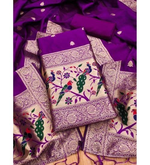 Generic Women's Banarasi Silk Printed Unstitched Salwar Suit Material With Dupatta (Purple, 3Mtrs)