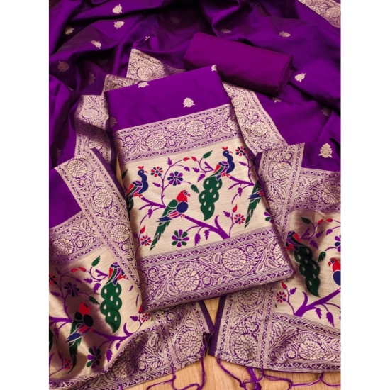 Generic Women's Banarasi Silk Printed Unstitched Salwar Suit Material With Dupatta (Purple, 3Mtrs)