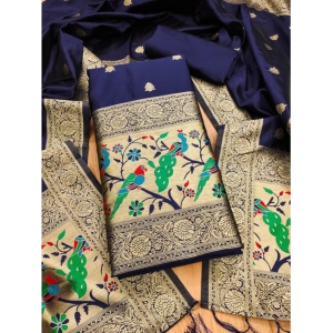 Generic Women's Banarasi Silk Printed Unstitched Salwar Suit Material With Dupatta (Navy Blue, 3Mtrs)