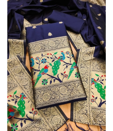 Generic Women's Banarasi Silk Printed Unstitched Salwar Suit Material With Dupatta (Navy Blue, 3Mtrs)