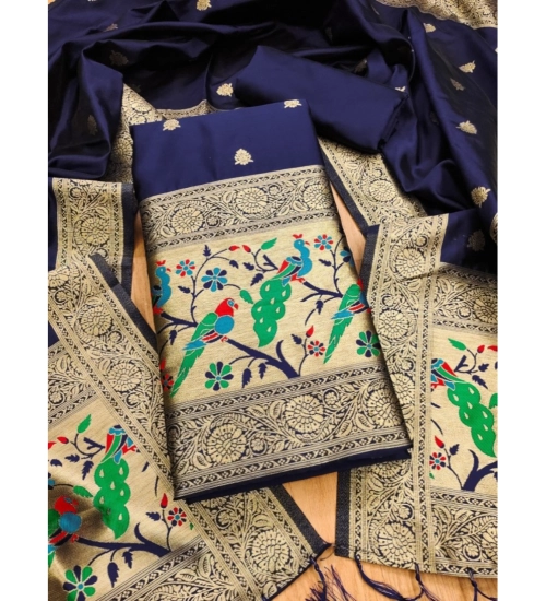 Generic Women's Banarasi Silk Printed Unstitched Salwar Suit Material With Dupatta (Navy Blue, 3Mtrs)