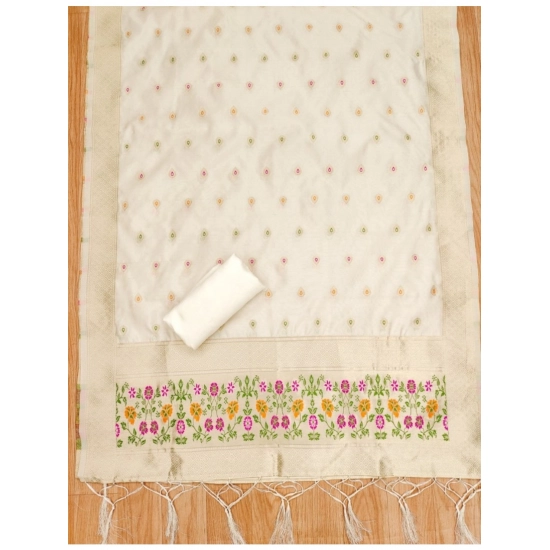 Generic Women's Banarasi Silk Printed Unstitched Salwar Suit Material With Dupatta (White, 3Mtrs)