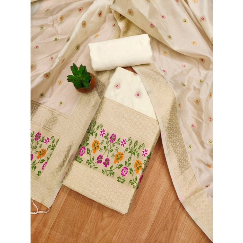 Generic Women's Banarasi Silk Printed Unstitched Salwar Suit Material With Dupatta (White, 3Mtrs) Generic Women's Banarasi Silk Printed Unstitched Salwar Suit Material With Dupatta (White, 3Mtrs)