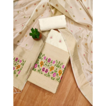 Generic Women's Banarasi Silk Printed Unstitched Salwar Suit Material With Dupatta (White, 3Mtrs)