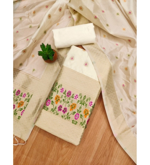 Generic Women's Banarasi Silk Printed Unstitched Salwar Suit Material With Dupatta (White, 3Mtrs)
