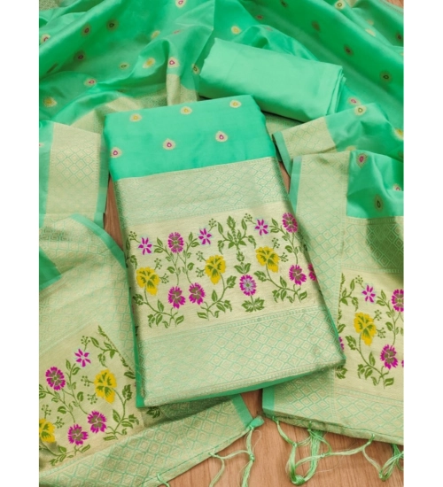 Generic Women's Banarasi Silk Printed Unstitched Salwar Suit Material With Dupatta (Sea Green, 3Mtrs)