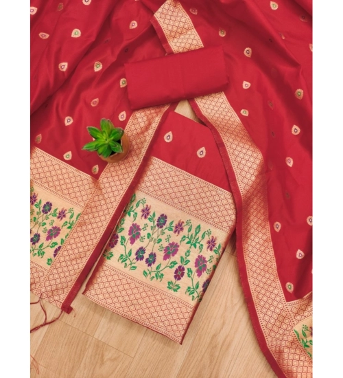 Generic Women's Banarasi Silk Printed Unstitched Salwar Suit Material With Dupatta (Red, 3Mtrs)