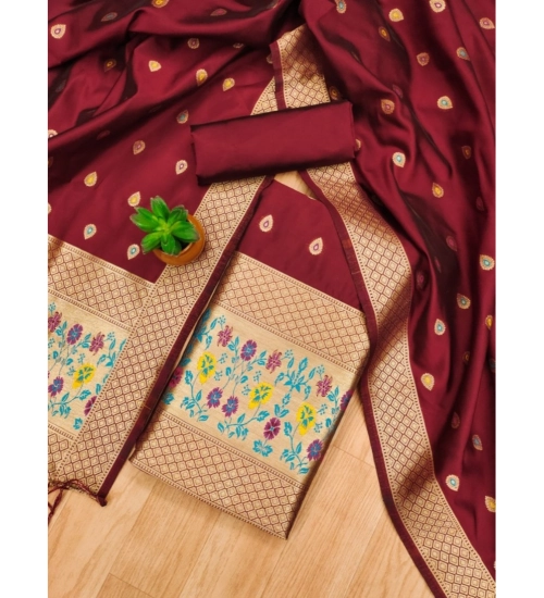 Generic Women's Banarasi Silk Printed Unstitched Salwar Suit Material With Dupatta (Maroon, 3Mtrs)