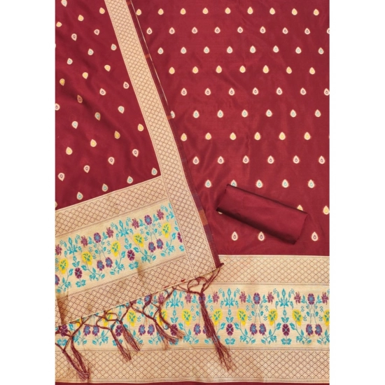 Generic Women's Banarasi Silk Printed Unstitched Salwar Suit Material With Dupatta (Maroon, 3Mtrs)