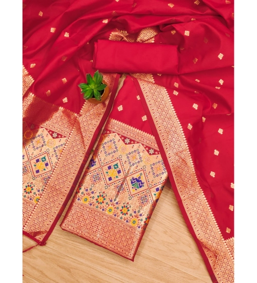 Generic Women's Banarasi Silk Printed Unstitched Salwar Suit Material With Dupatta (Red, 3Mtrs)