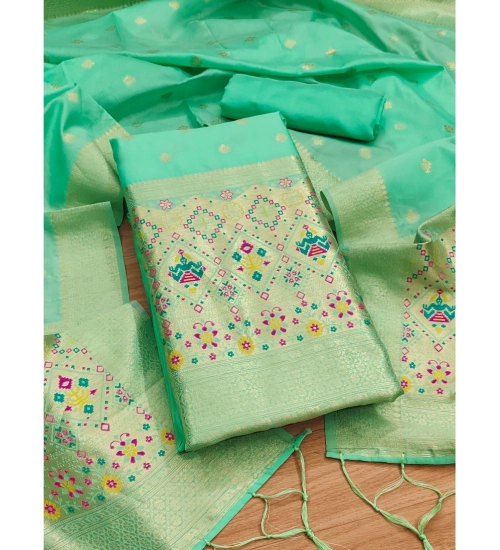 Generic Women's Banarasi Silk Printed Unstitched Salwar Suit Material With Dupatta (Sea Green, 3Mtrs)