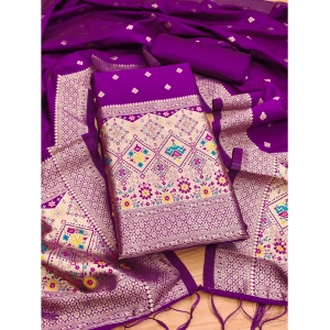 Generic Women's Banarasi Silk Printed Unstitched Salwar Suit Material With Dupatta (Purple, 3Mtrs)