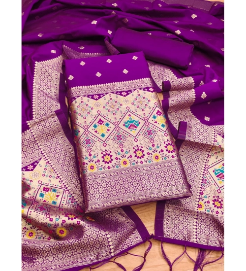 Generic Women's Banarasi Silk Printed Unstitched Salwar Suit Material With Dupatta (Purple, 3Mtrs)