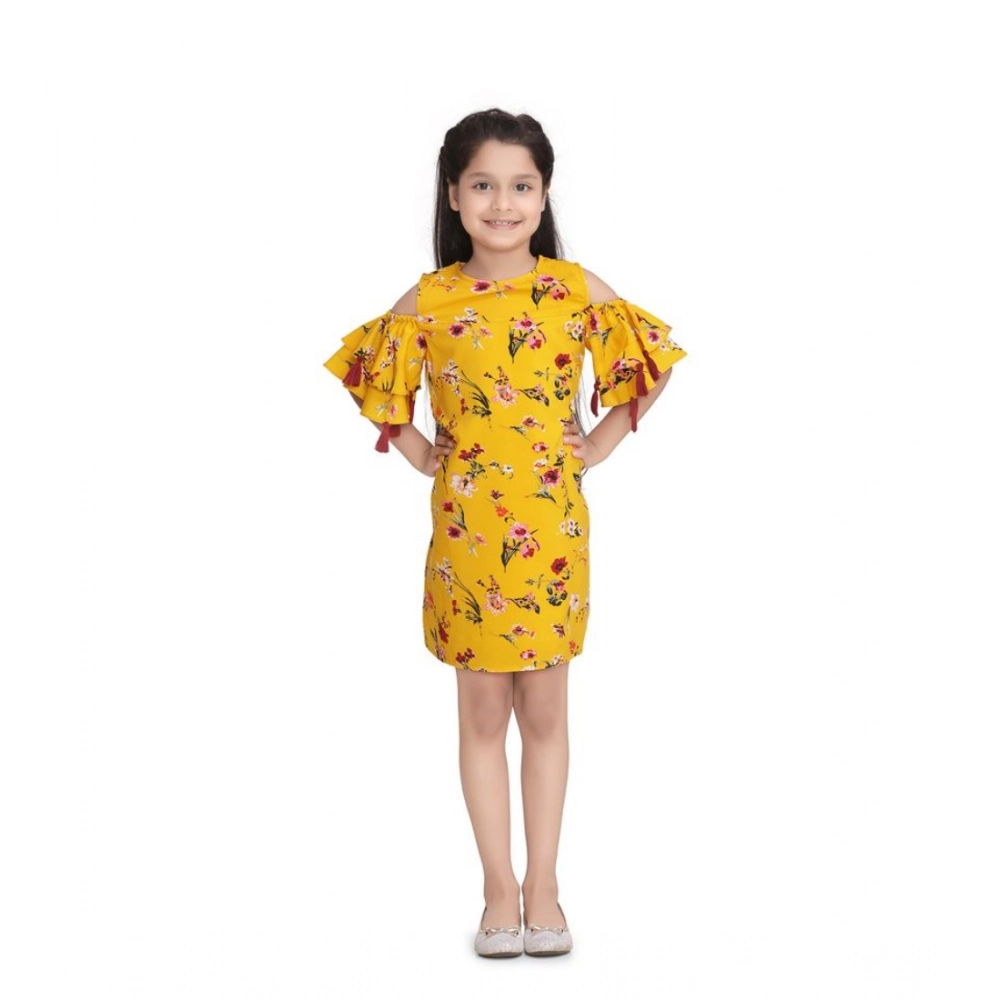 Generic Girl's Polyester Crepe Floral Printed Long Sleeve Round Neck Dress (Yellow) Generic Girl's Polyester Crepe Floral Printed Long Sleeve Round Neck Dress (Yellow)