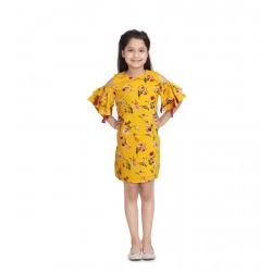 Generic Girl's Polyester Crepe Floral Printed Long Sleeve Round Neck Dress (Yellow)