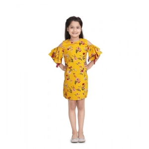 Generic Girl's Polyester Crepe Floral Printed Long Sleeve Round Neck Dress (Yellow)