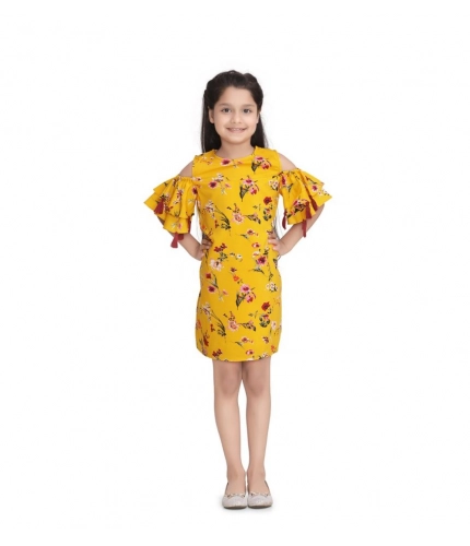Generic Girl's Polyester Crepe Floral Printed Long Sleeve Round Neck Dress (Yellow)
