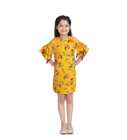 Generic Girl's Polyester Crepe Floral Printed Long Sleeve Round Neck Dress (Yellow)