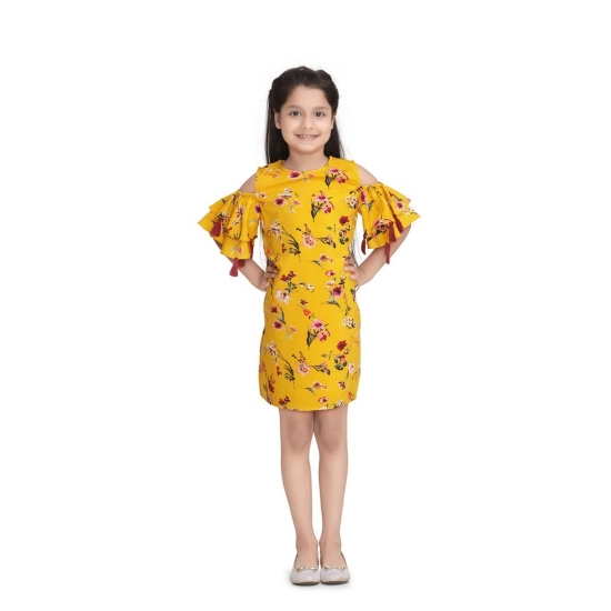 Generic Girl's Polyester Crepe Floral Printed Long Sleeve Round Neck Dress (Yellow)