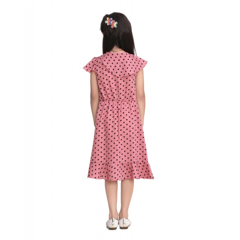 Girl's Polyester Crepe Printed Flutter V-Neck Dress (Pink)