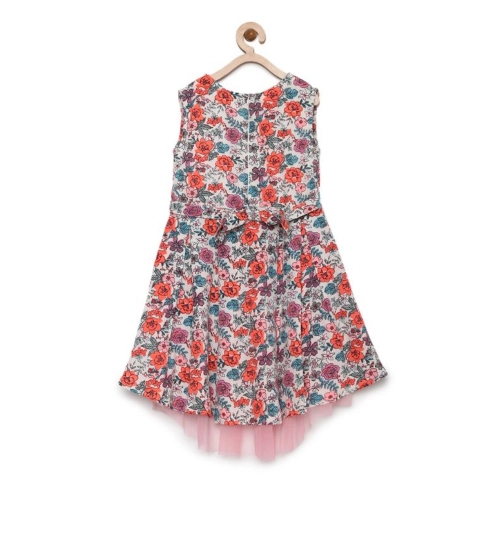 Generic Girl's Polyester Crepe Printed Sleeveless Round Neck Dress (Multicolor)