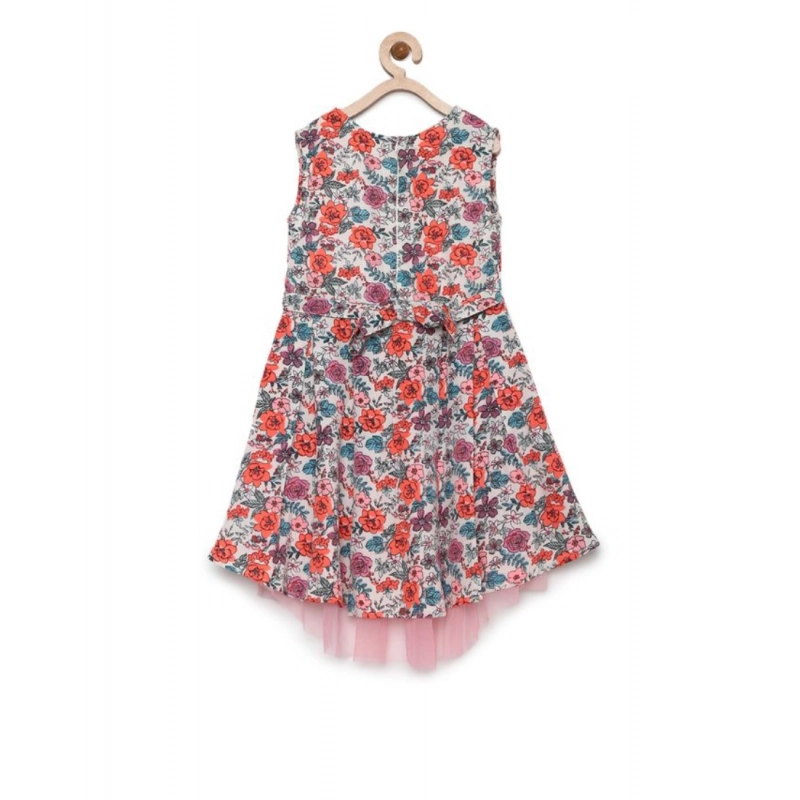 Girl's Polyester Crepe Printed Sleeveless Round Neck Dress (Multicolor)