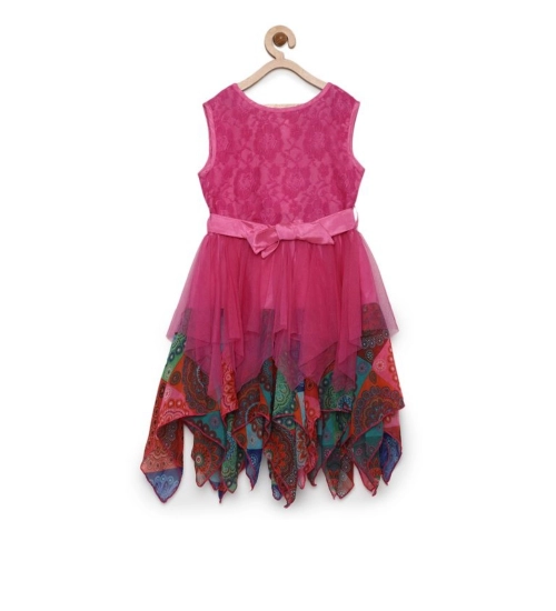 Generic Girl's Polyester  Net Floral Printed Sleeveless Round Neck Dress (Multicolor)