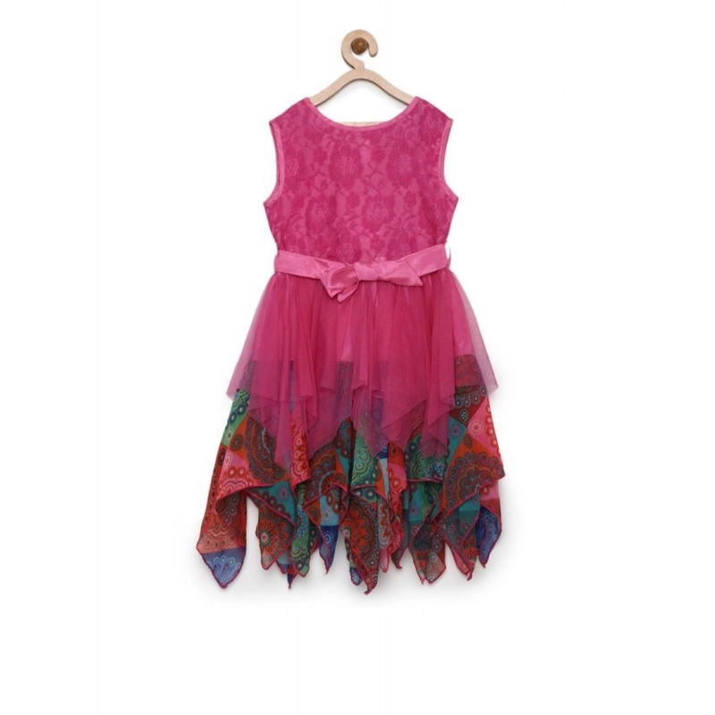 Girl's Polyester Net Floral Printed Sleeveless Round Neck Dress (Multicolor) Girl's Polyester Net Floral Printed Sleeveless Round Neck Dress (Multicolor)