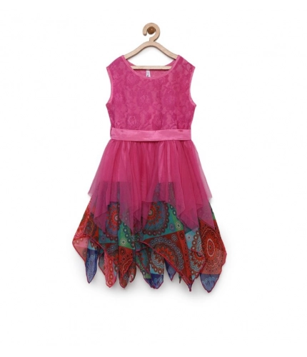 Generic Girl's Polyester  Net Floral Printed Sleeveless Round Neck Dress (Multicolor)