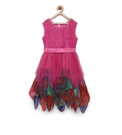 Generic Girl's Polyester  Net Floral Printed Sleeveless Round Neck Dress (Multicolor)