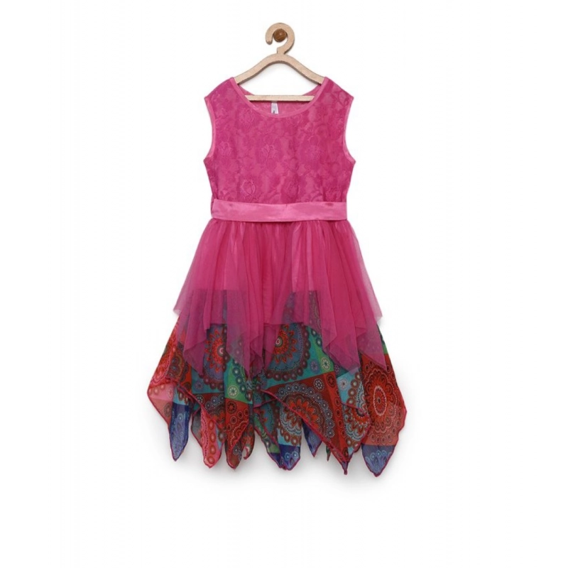 Girl's Polyester Net Floral Printed Sleeveless Round Neck Dress (Multicolor) Girl's Polyester Net Floral Printed Sleeveless Round Neck Dress (Multicolor)