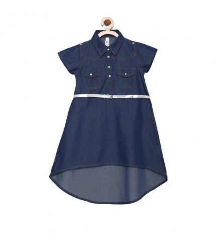 Generic Girl's Denim Solid Short Sleeve Shirt collar Dress (Blue)