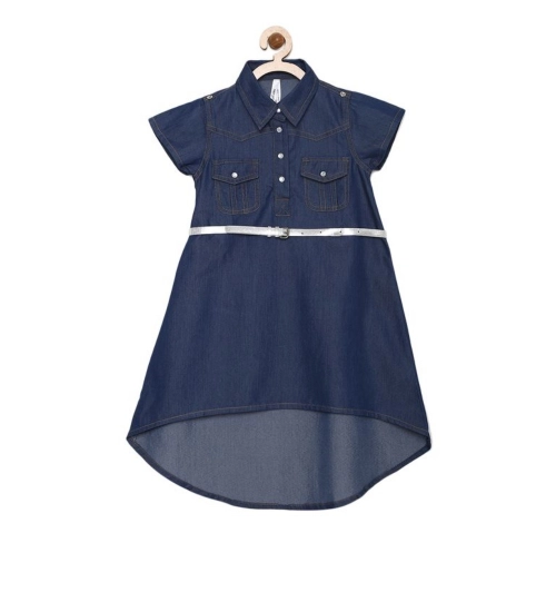 Generic Girl's Denim Solid Short Sleeve Shirt collar Dress (Blue)