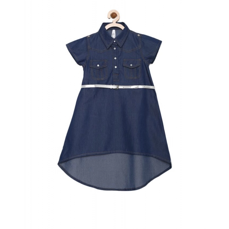 Girl's Denim Solid Short Sleeve Shirt collar Dress (Blue)