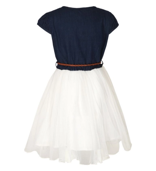 Generic Girl's Denim Embroidery Short Sleeve Round Neck Dress (White)