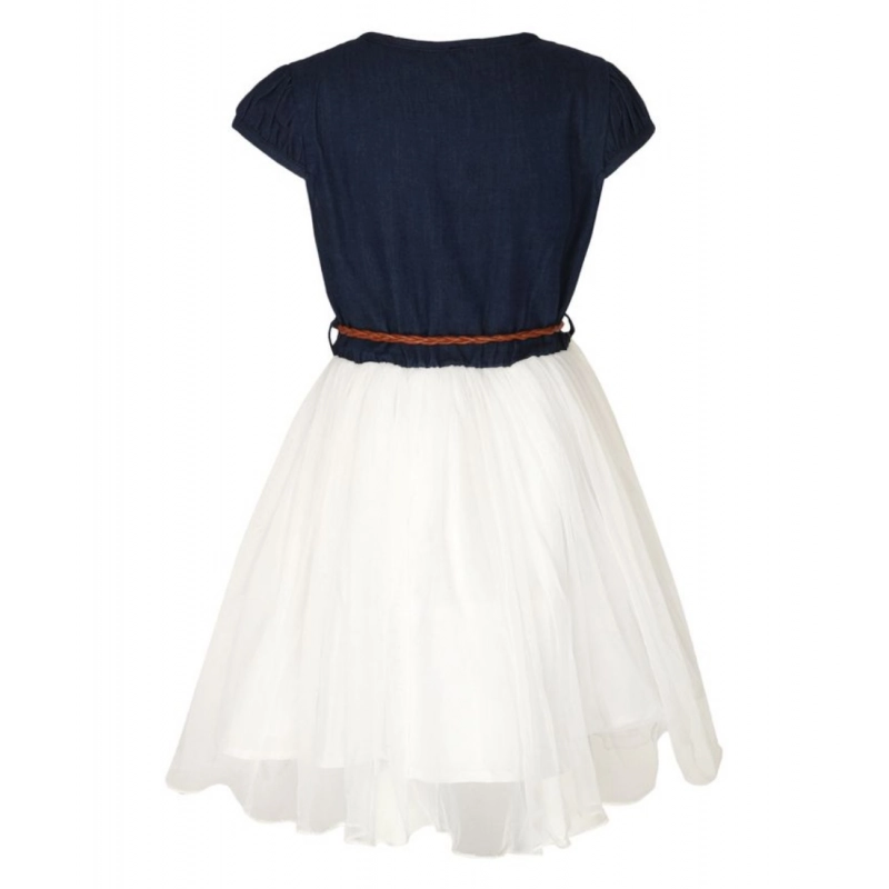 Girl's Denim Embroidery Short Sleeve Round Neck Dress (White)