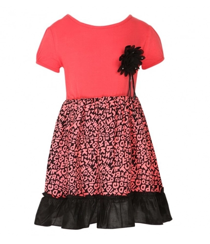 Generic Girl's Polyester Crepe Embellished Short Sleeve Round Neck Dress (Pink)