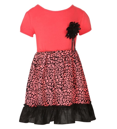 Generic Girl's Polyester Crepe Embellished Short Sleeve Round Neck Dress (Pink)