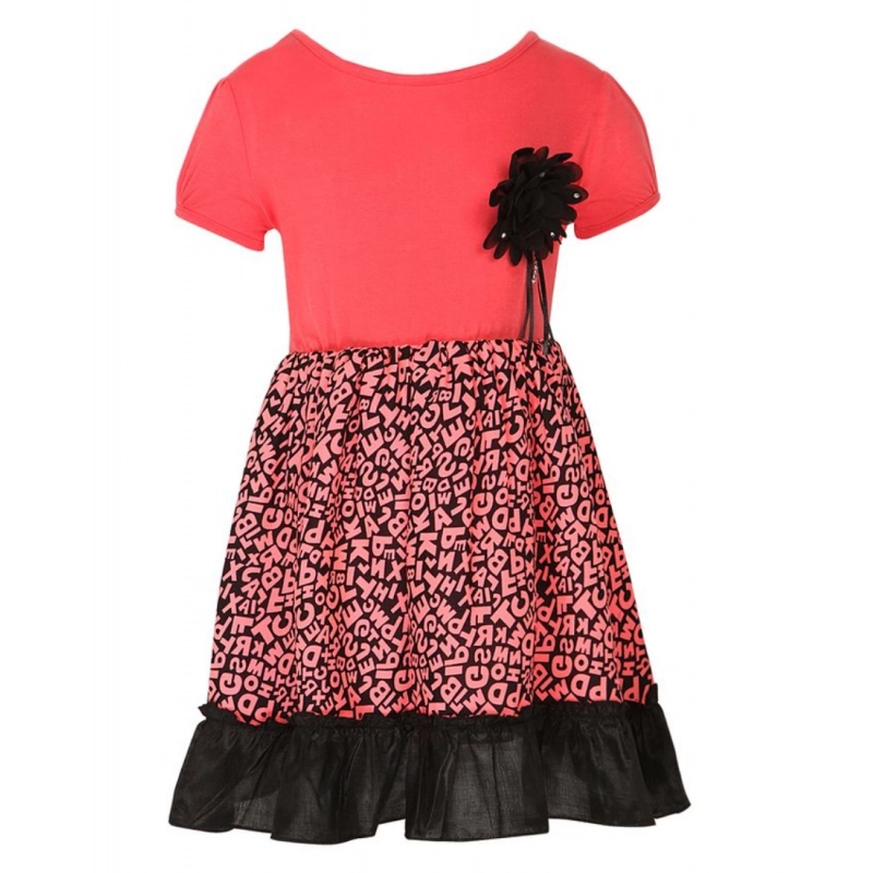 Girl's Polyester Crepe Embellished Short Sleeve Round Neck Dress (Pink)