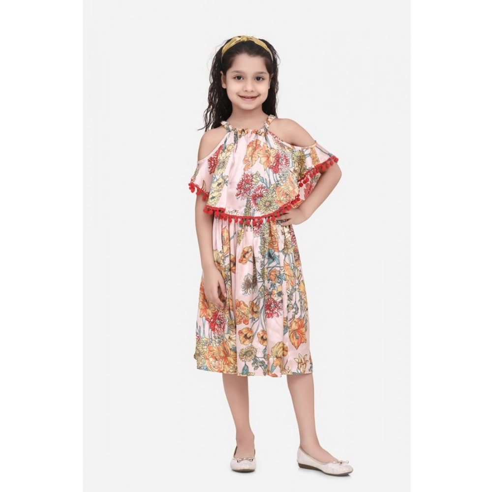 Generic Girl's Satin Floral Printed Cold Shoulder Round Neck Dress (Peach) Generic Girl's Satin Floral Printed Cold Shoulder Round Neck Dress (Peach)